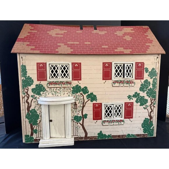 Other - Vintage 2 Story Wooden Dollhouse Litho Exterior Large 24” Mid Century